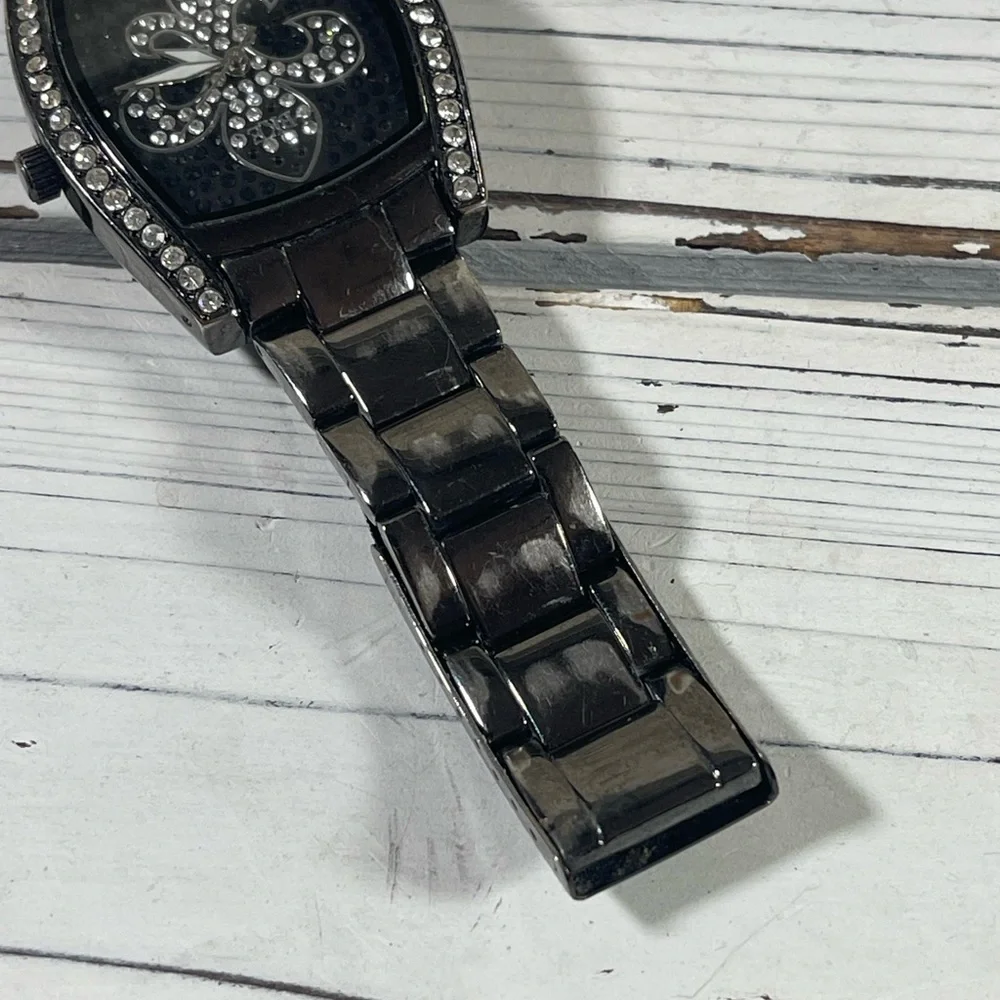 *NEW BATTERY* BKE watch fleur-de-lis Lily Saints Rhinestone Gunmetal Black Steel